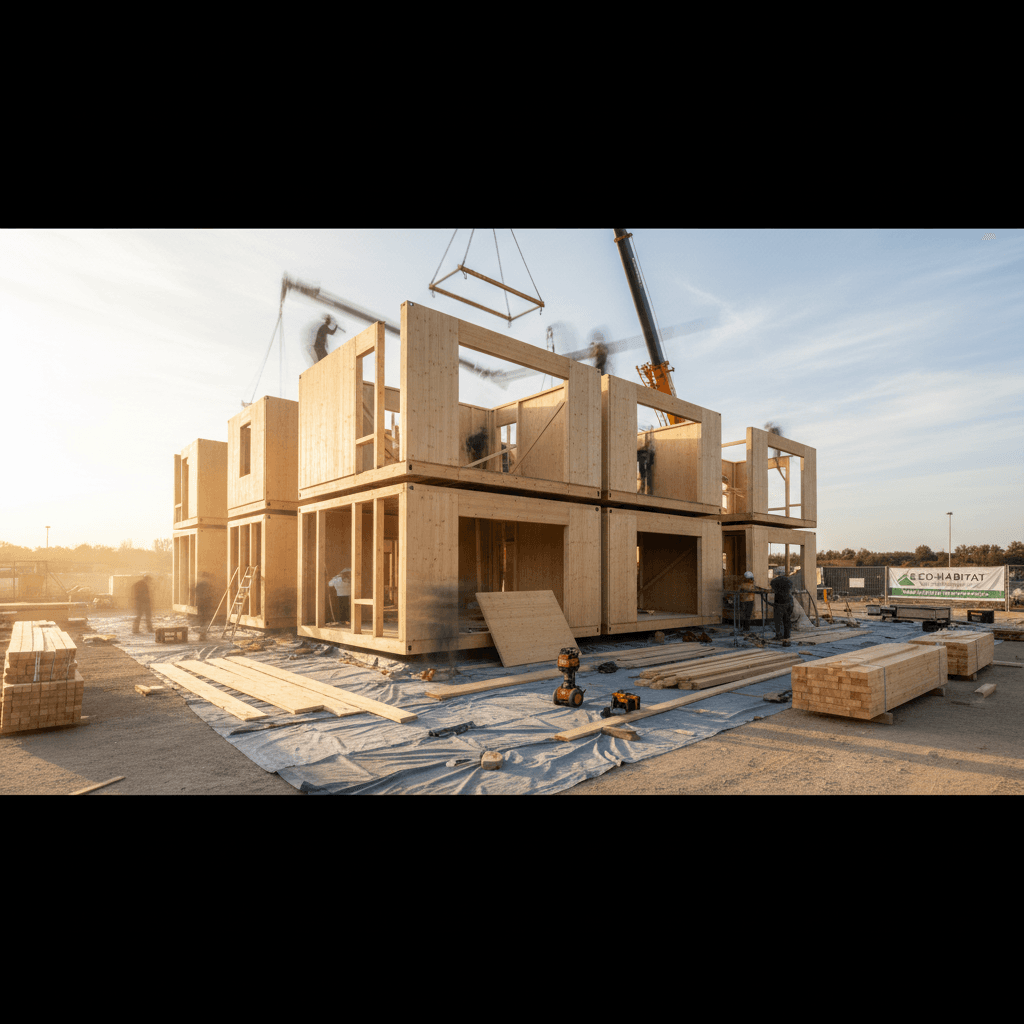 Fast construction of residential home from wooden brick masonry