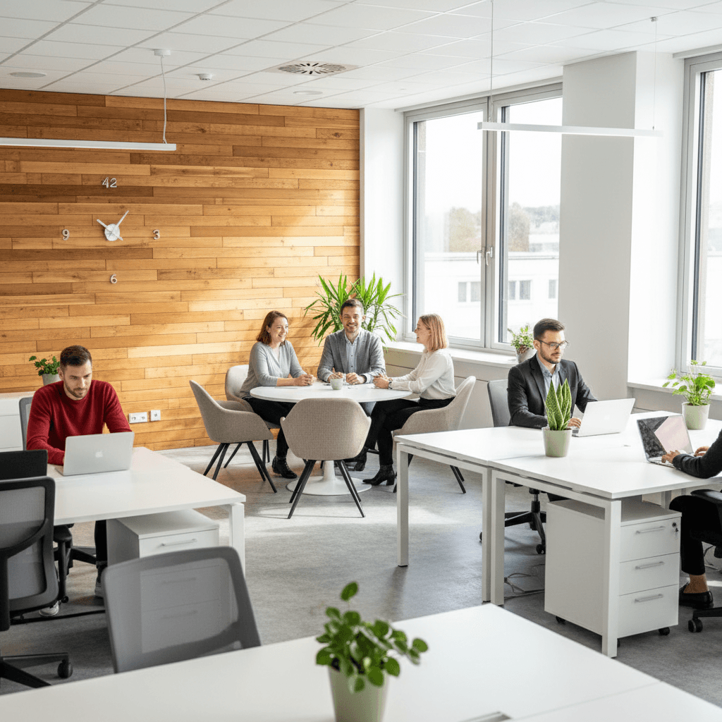 Productive workspace in wooden brick office