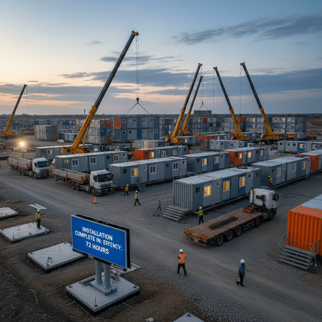 Instalación rápida de edificio temporal de ladrillo de madera